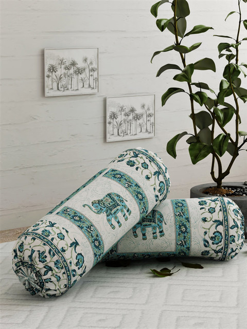 

Salona Bichona Set Of 2 Teal Blue & White Printed 120 TC Pure Cotton Bolster Covers