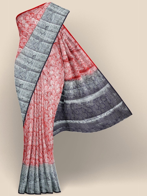 

Kalamandir Red & Silver-Toned Woven Design Zari Silk Blend Banarasi Saree