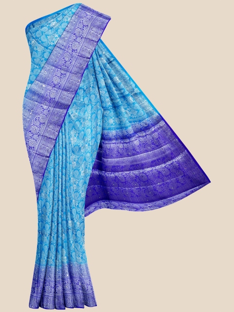 

Kalamandir Blue & Silver-Toned Ethnic Motifs Zari Silk Blend Banarasi Saree