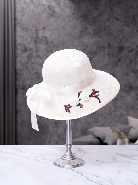 

Golden Peacock Women White Woven Design Sun Hat With Embroidered Detail