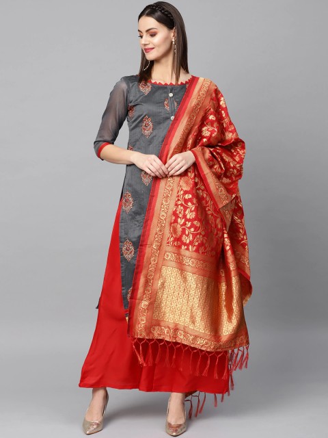 

Ishin Women Grey Ethnic Motifs Printed Layered Kurta with Palazzos & With Dupatta