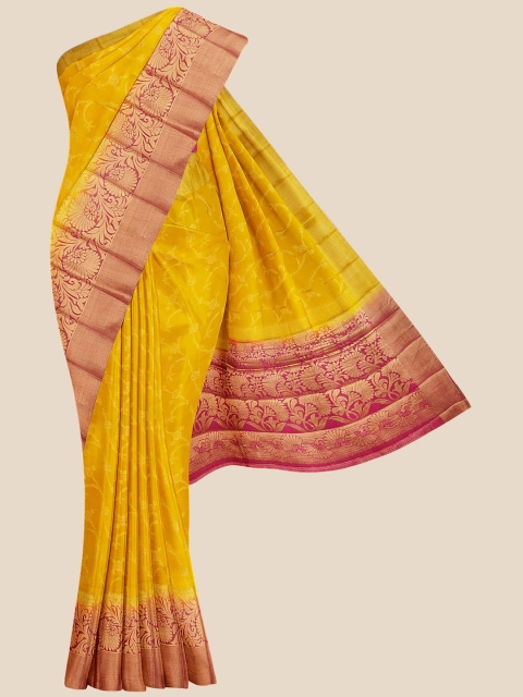 

KLM Fashion Mall Yellow & Pink Woven Design Silk Blend Banarasi Saree
