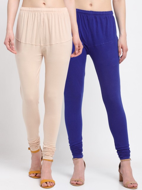 

KLOTTHE Women Pack Of 2 Solid Cotton Churidar-Length Leggings, Blue