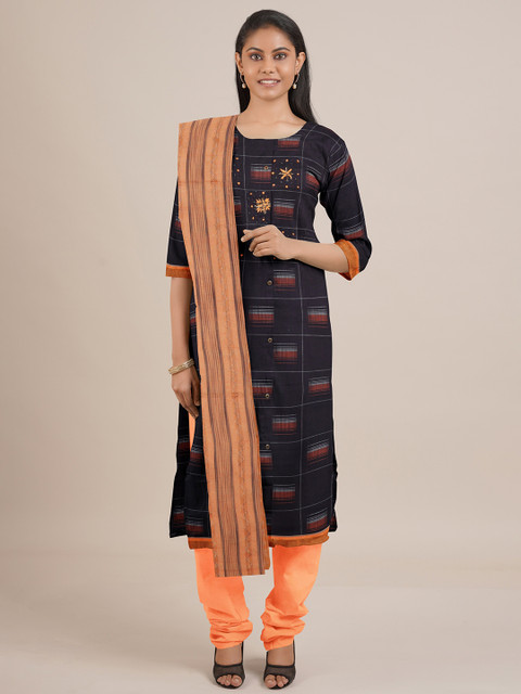 

Pothys Women Navy Blue & Peach-Coloured Printed Unstitched Dress Material