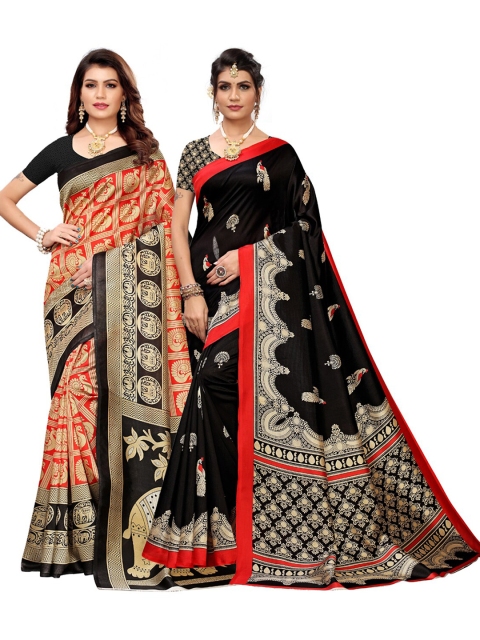 

KALINI Pack Of 2 Orange & Black Ethnic Motifs Art Silk Saree