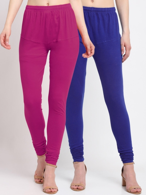 

KLOTTHE Women Pack Of 2 Solid Cotton Churidar-Length Leggings, Navy blue