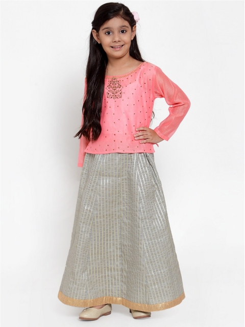 

Baani Creations Girls Pink & Grey Embellished Sequinned Ready to Wear Lehenga Choli