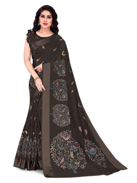 

KALINI Coffee Brown Ethnic Motifs Block Print Saree