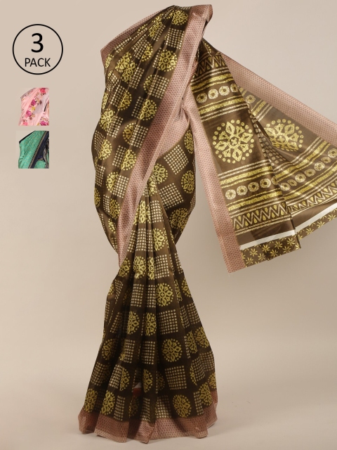 

Pothys Pack of 3 Ethnic Motifs Jute Silk Sarees, Green