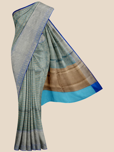 

Kalamandir Blue & Silver-Toned Woven Design Silk Blend Banarasi Saree