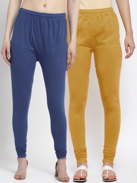 

KLOTTHE Women Pack Of 2 Solid Cotton Churidar-Length Leggings, Blue
