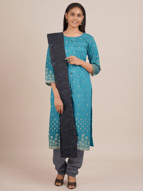 

Pothys Blue & Black Printed Unstitched Dress Material