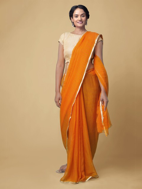 

Unnati Silks Orange & Yellow Leheriya Zari Poly Chiffon Saree