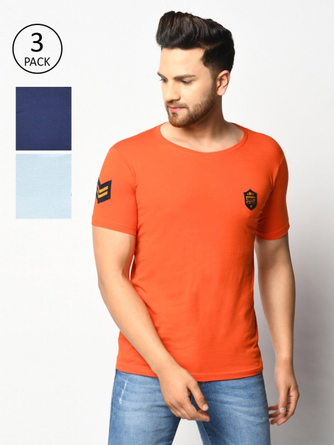 

ELEGANCE Men Pack Of 3 Orange & Navy Blue 3 V-Neck T-shirt