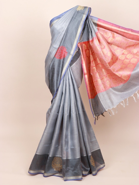 

Pothys Grey & Pink Floral Zari Jute Silk Saree