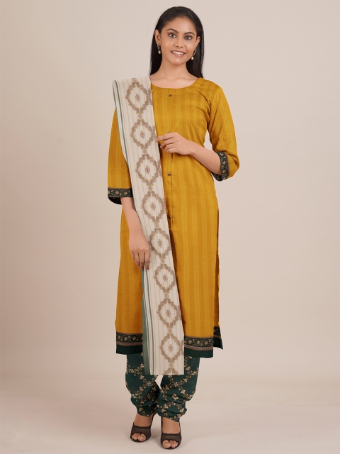 

Pothys Mustard Yellow & Green Printed Unstitched Dress Material