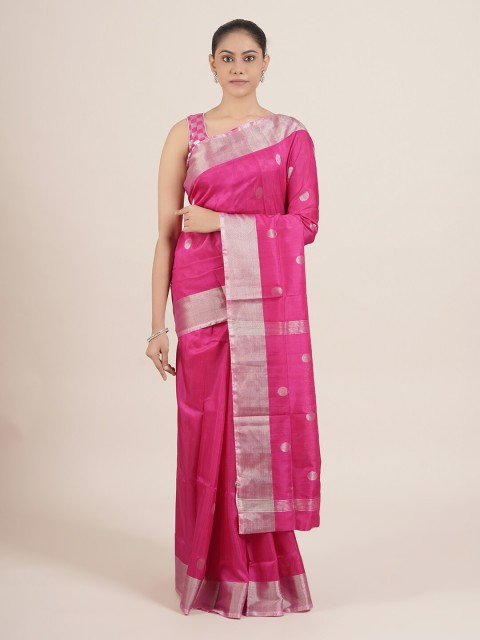 

Pothys Pink & Silver-Toned Woven Design Pure Silk Uppada Saree