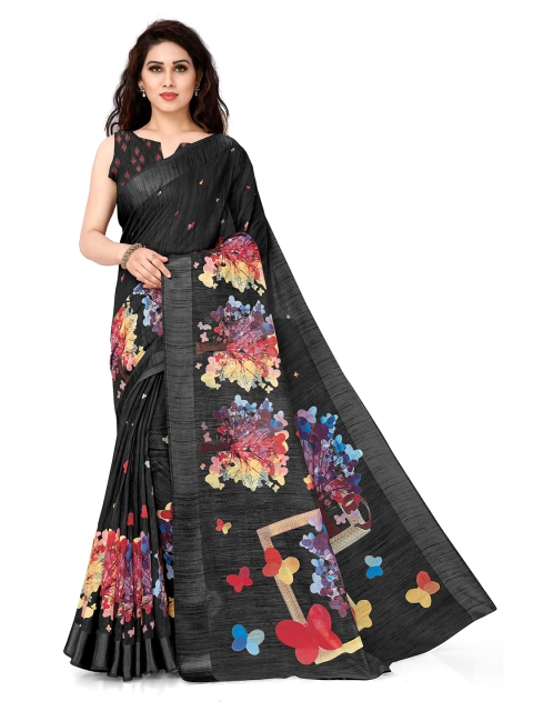 

KALINI Black & Orange Colourblocked Block Print Saree