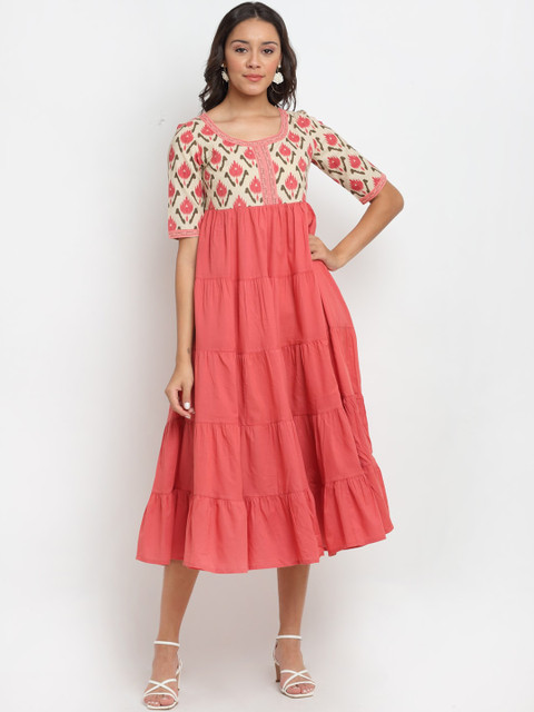 

DIVA WALK Pink Ethnic Motifs A-Line Midi Dress