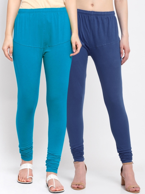 

KLOTTHE Women Pack Of 2 Solid Cotton Churidar-Length Leggings, Blue
