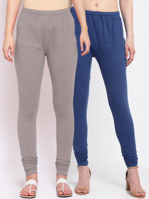 

KLOTTHE Women Pack Of 2 Solid Cotton Churidar-Length Leggings, Blue