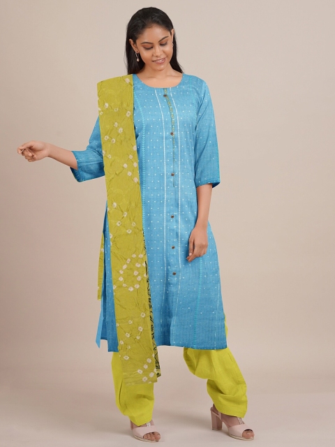 

Pothys Blue & Lime Green Printed Unstitched Dress Material