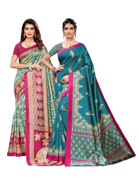 

KALINI Pack Of 2 Teal Blue & Sea Green Ethnic Motifs Art Silk Saree