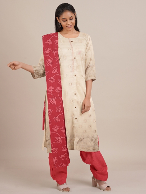 

Pothys Cream-Coloured & Red Embroidered Unstitched Dress Material