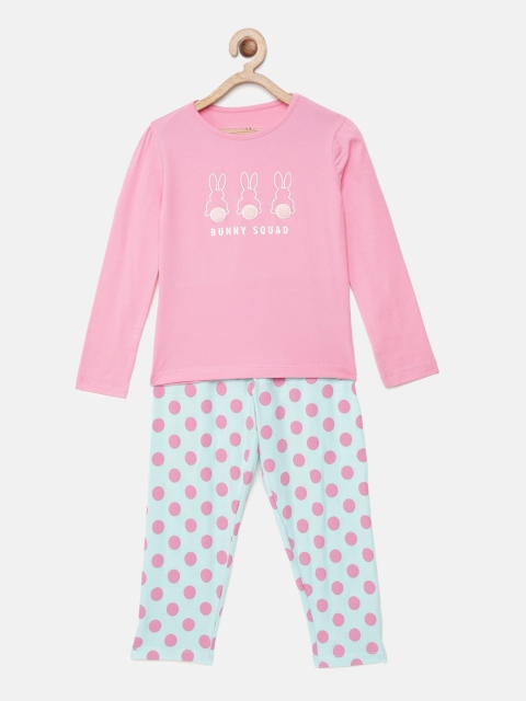 mackly Girls Pink & Blue Printed Night Suit