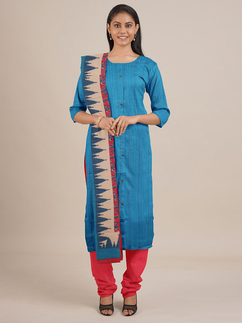 

Pothys Blue & Red Printed Unstitched Dress Material