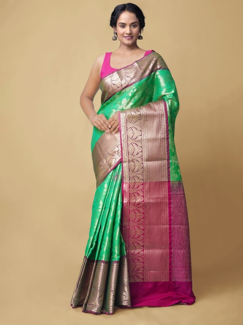 

Unnati Silks Green & Purple Woven Design Silk Cotton Kanjeevaram Saree