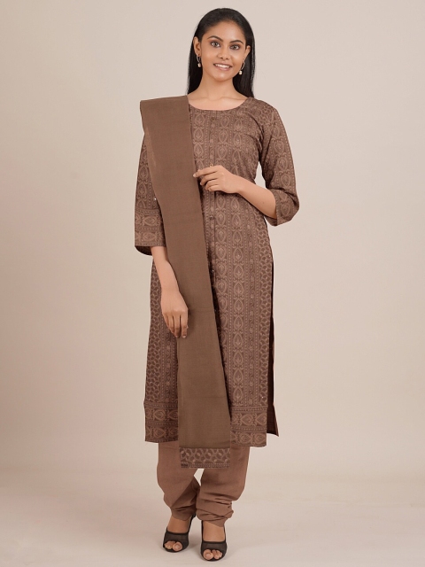 Pothys Brown Printed Unstitched Dress Material
