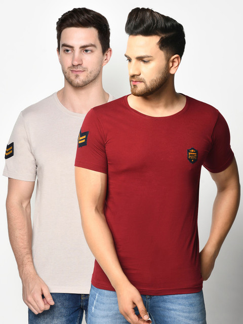 

ELEGANCE Men Maroon & Beige Set of 2 T-shirt