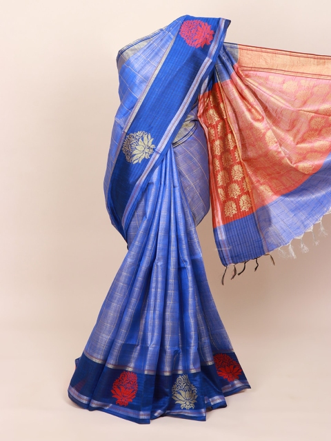 

Pothys Blue & Silver-Toned Checked Jute Silk Saree