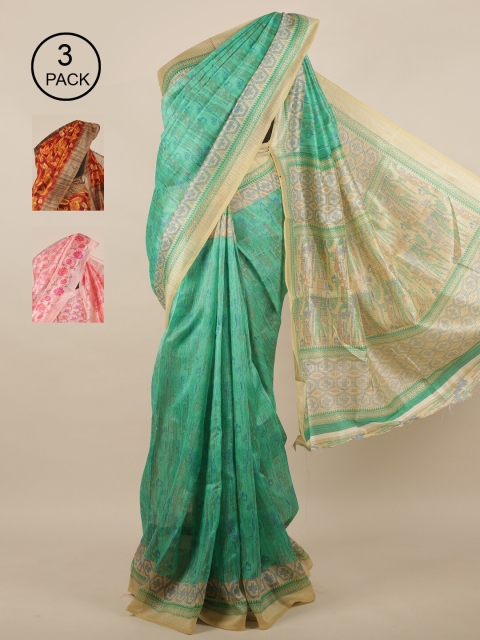 

Pothys Green & Pink Pack of 3 Floral Jute Silk Saree