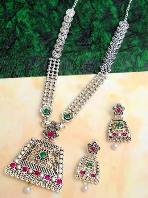 

Crunchy Fashion Oxidised Silver-Plated Pink & Green Stone-Studded & Beaded Antique Jewellery Set