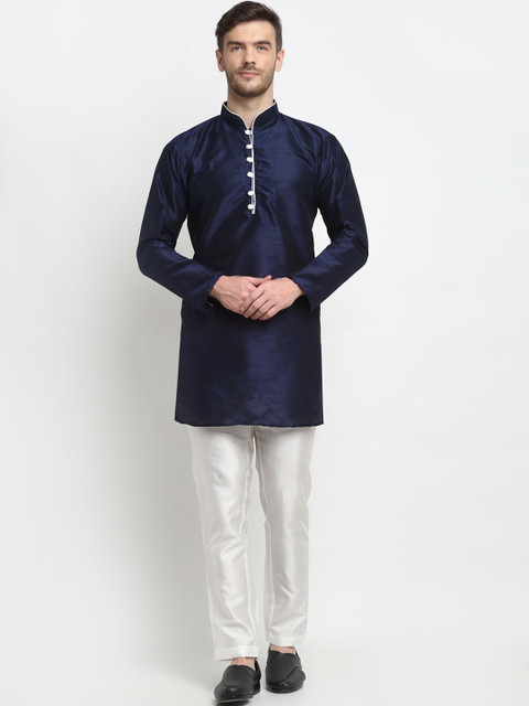 

Benstoke Men Navy Blue Dupion Silk Kurta with Pyjamas