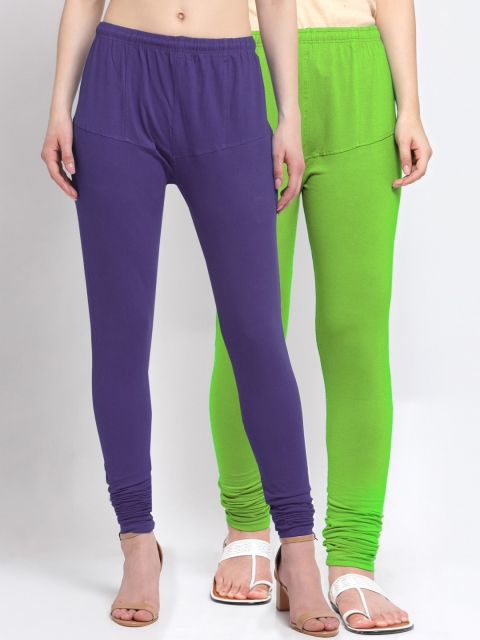 

KLOTTHE Women Pack Of 2 Purple & Green Solid Cotton Churidar-Length Leggings