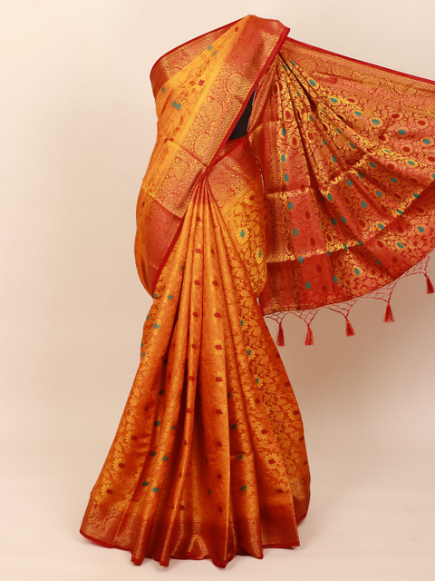 

Pothys Mustard & Gold-Toned Floral Zari Art Silk Banarasi Saree