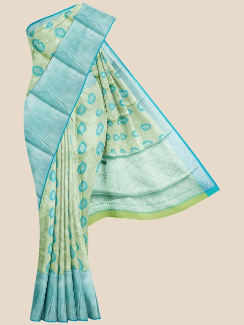 

KLM Fashion Mall Green & Blue Ethnic Motifs Zari Silk Blend Banarasi Saree