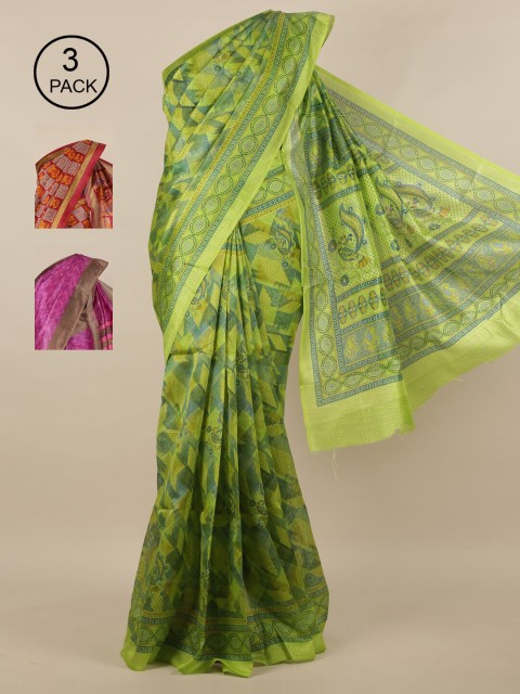 

Pothys Green & Orange Jute Pack of 3 Silk Saree