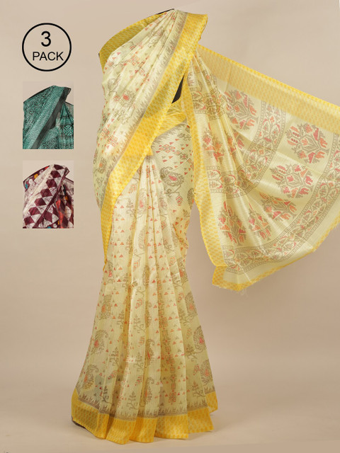 

Pothys Yellow & Beige Pack of 3 Paisley Jute Silk Saree