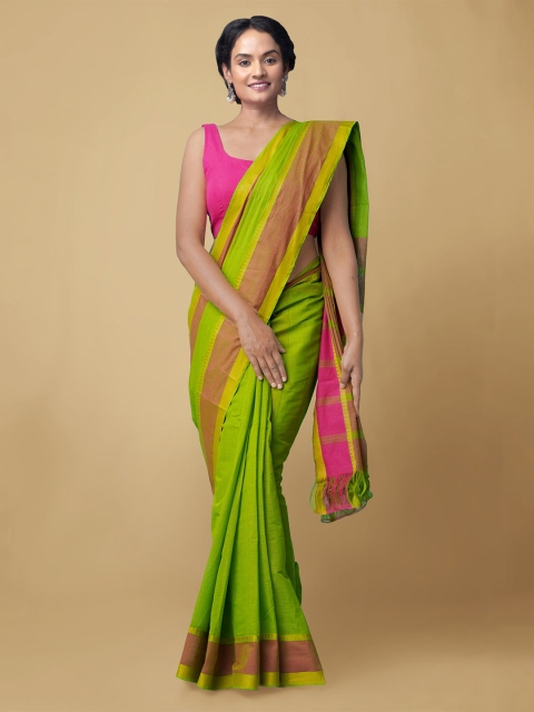 

Unnati Silks Green & Pink Zari Pure Cotton Mangalagiri Saree