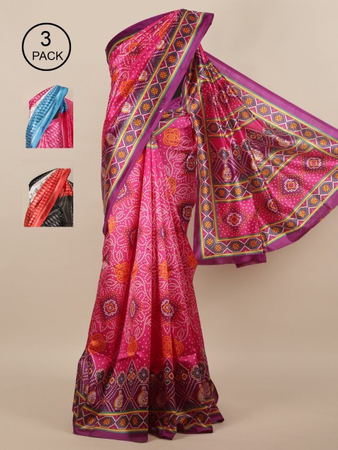 Pothys Pack of 3 Jute Silk Saree, Magenta