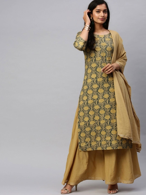 

Ishin Women Grey & Yellow Floral Printed Pure Cotton Kurta with Skirt & With Dupatta