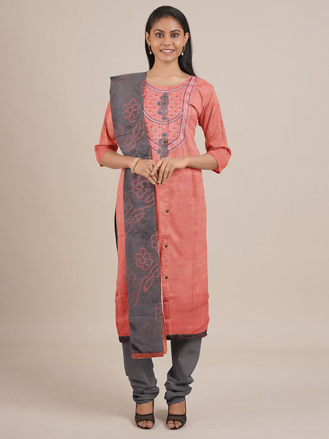 

Pothys Peach-Coloured & Grey Unstitched Dress Material
