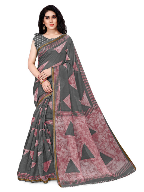 

KALINI Grey & Pink Block Print Polycotton Saree