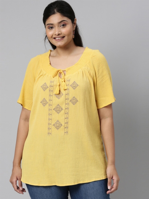 

The Pink Moon Yellow Embellished Tie-Up Neck Regular Top