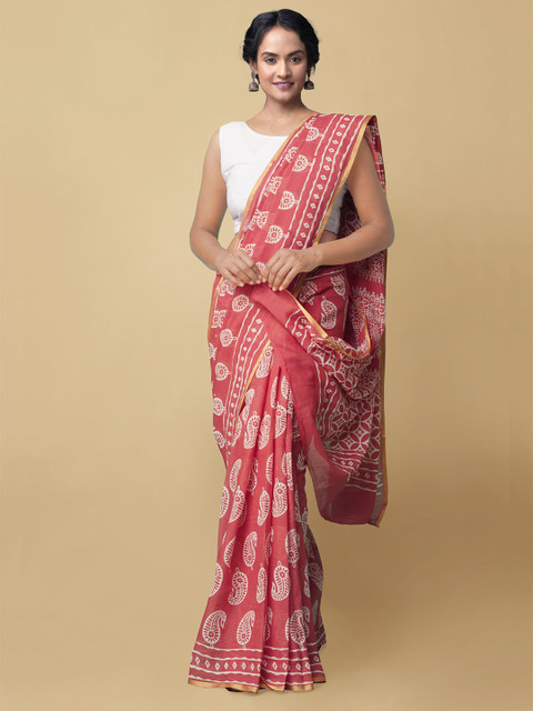 

Unnati Silks Red & White Paisley Zari Pure Cotton Dabu Saree