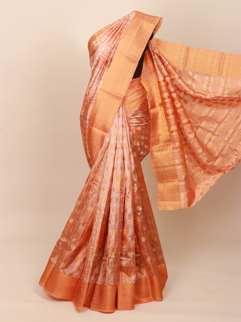 

Pothys Peach-Coloured & Gold-Toned Woven Design Art Silk Saree